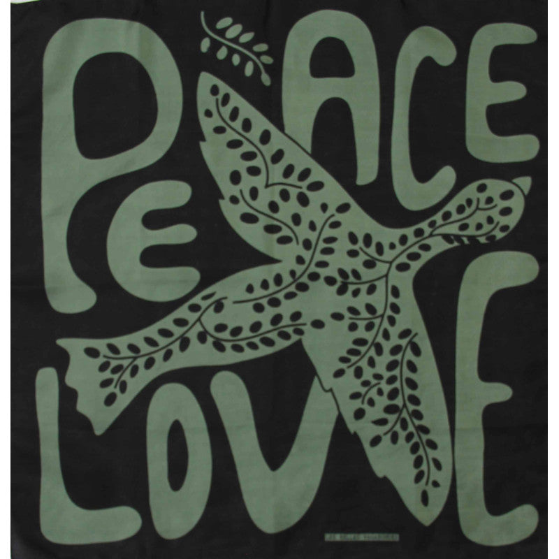 A square black bandana or scarf featuring a sage green graphic print with the words 'PEACE LOVE' and a stylized dove made of leafy branches.