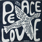 Navy blue fabric with white 'PEACE LOVE' text and starfish design.