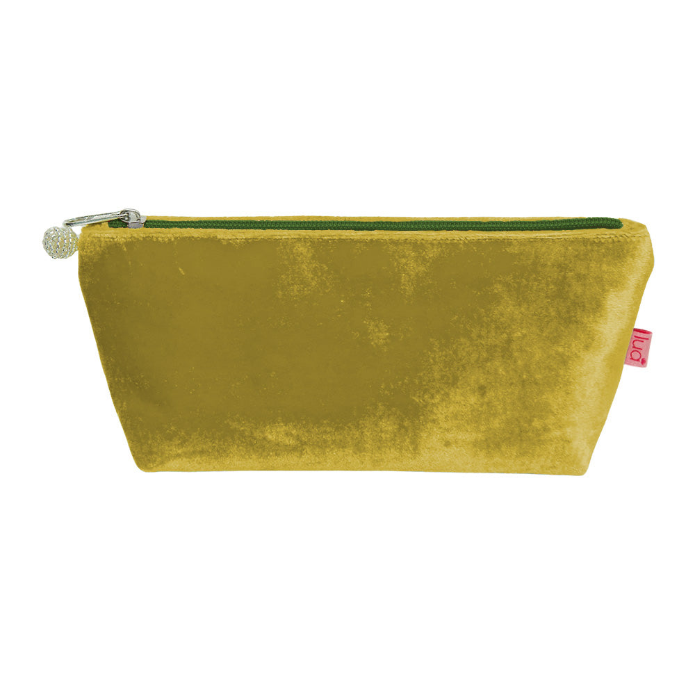 photo of a mustard yellow velvet pouch with dark green zip and white beaded zip pull, against a white background
