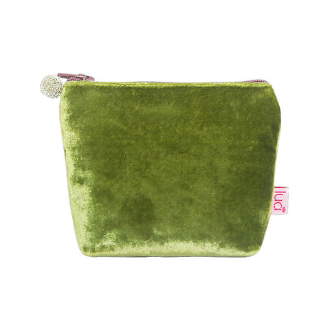 Olive green velvet pouch with pale pink zip and white beaded spherical zip pull