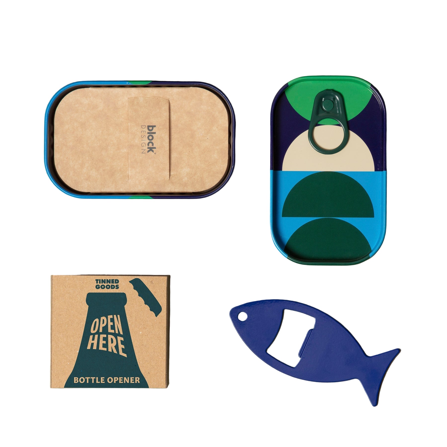 Collection of items including a small box, a bottle opener, and a fish-shaped object on a white background.