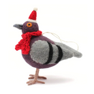 A felted wool Christmas ornament shaped like a pigeon, decorated with a red knit scarf, a red and white Santa hat, and a thin hanging string, shown on a white background.