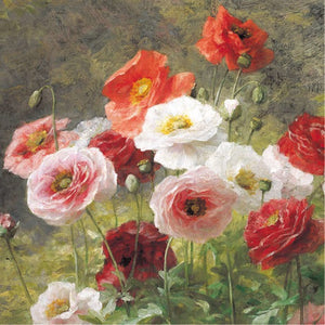Painting of poppies of various shades of red, with a muted green background