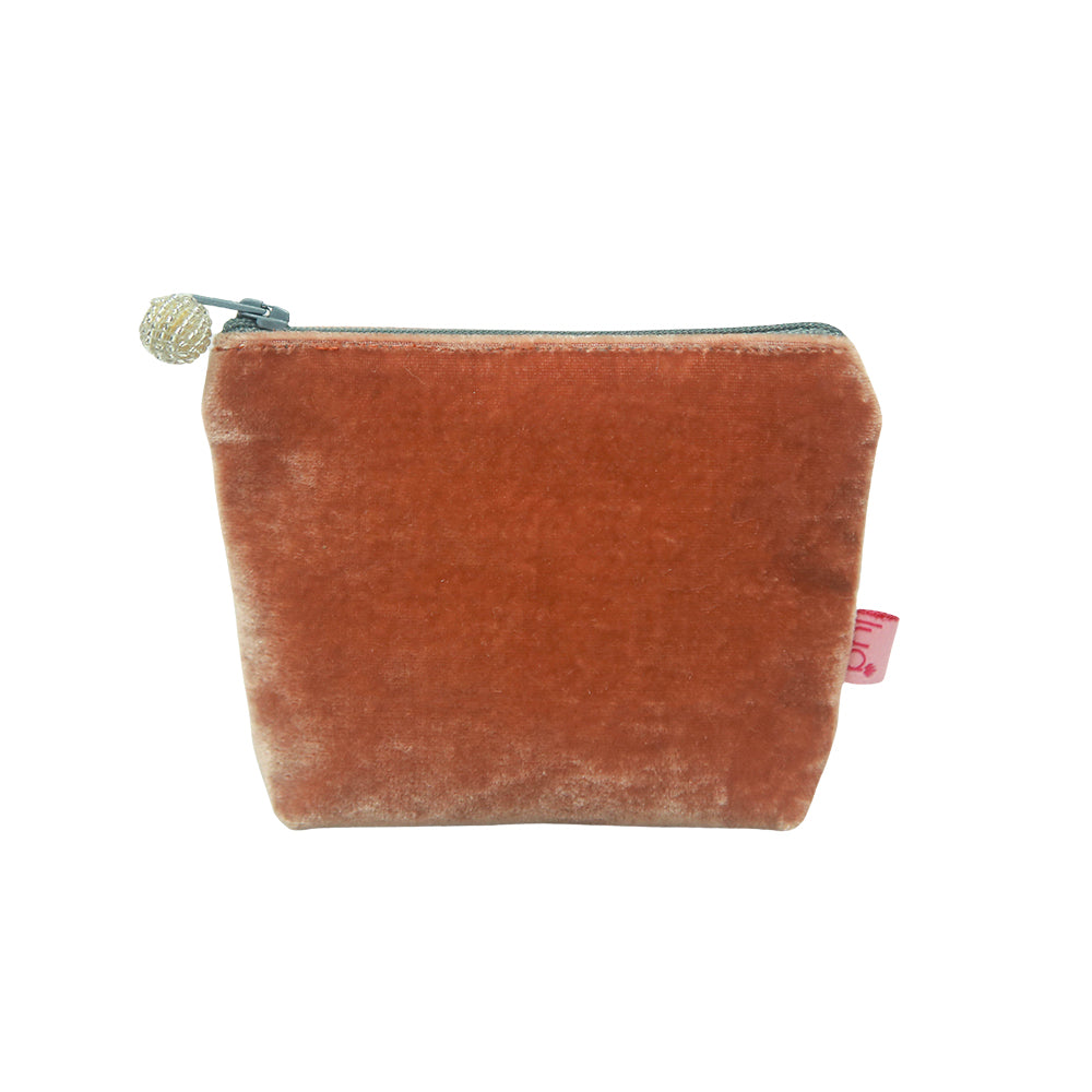 Rose tan coloured velvet purse with grey zip and white beaded zip pull.