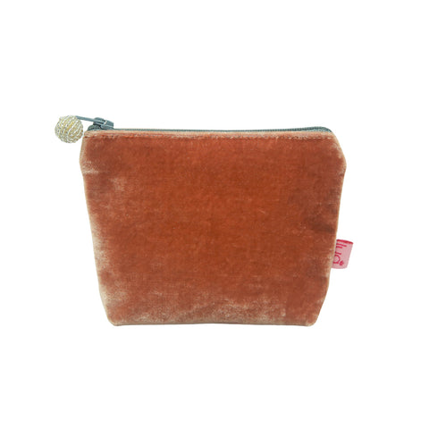 Rose tan coloured velvet purse with grey zip and white beaded zip pull.