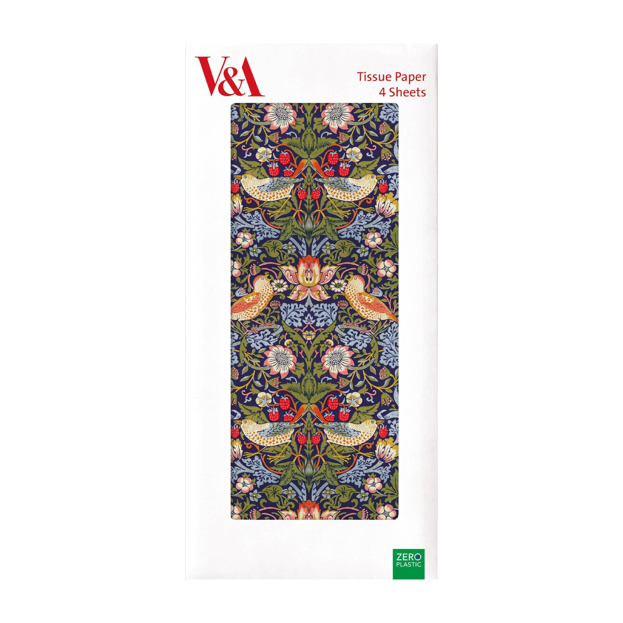 Pack of tissue paper with 'Strawberry Thief' design, featuring a floral design with orange anbd blue birds, strawberries and blue and green leaves.