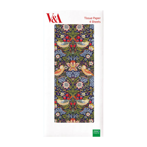 Pack of tissue paper with 'Strawberry Thief' design, featuring a floral design with orange anbd blue birds, strawberries and blue and green leaves.