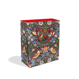 Short rectangular gift bag with a symmetrical design made up of orange and blue birds sitting on branches surrounded by strawberries and green and blue foliage