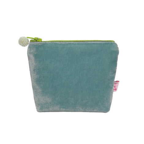 Small teal velvet pouch with lime green zip and white beaded zip pull