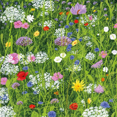 painting of white, red, yellow, pink and purple flowers in a green field