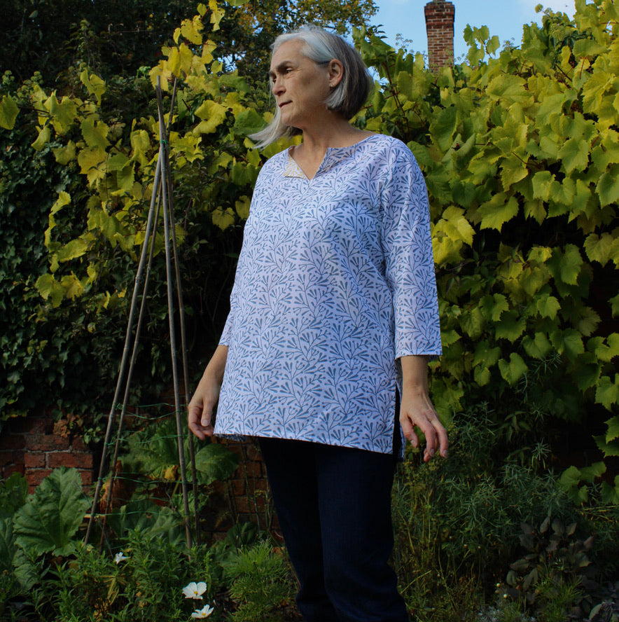 Blue bud summer tunic top on model 