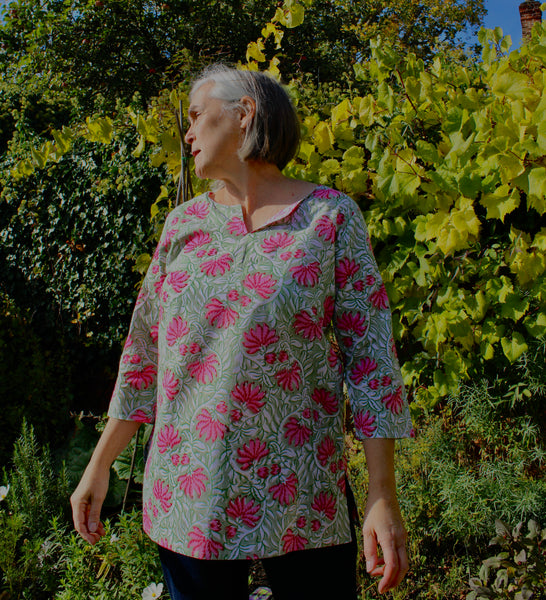 Block Printed Tunic Green/Pink Floral