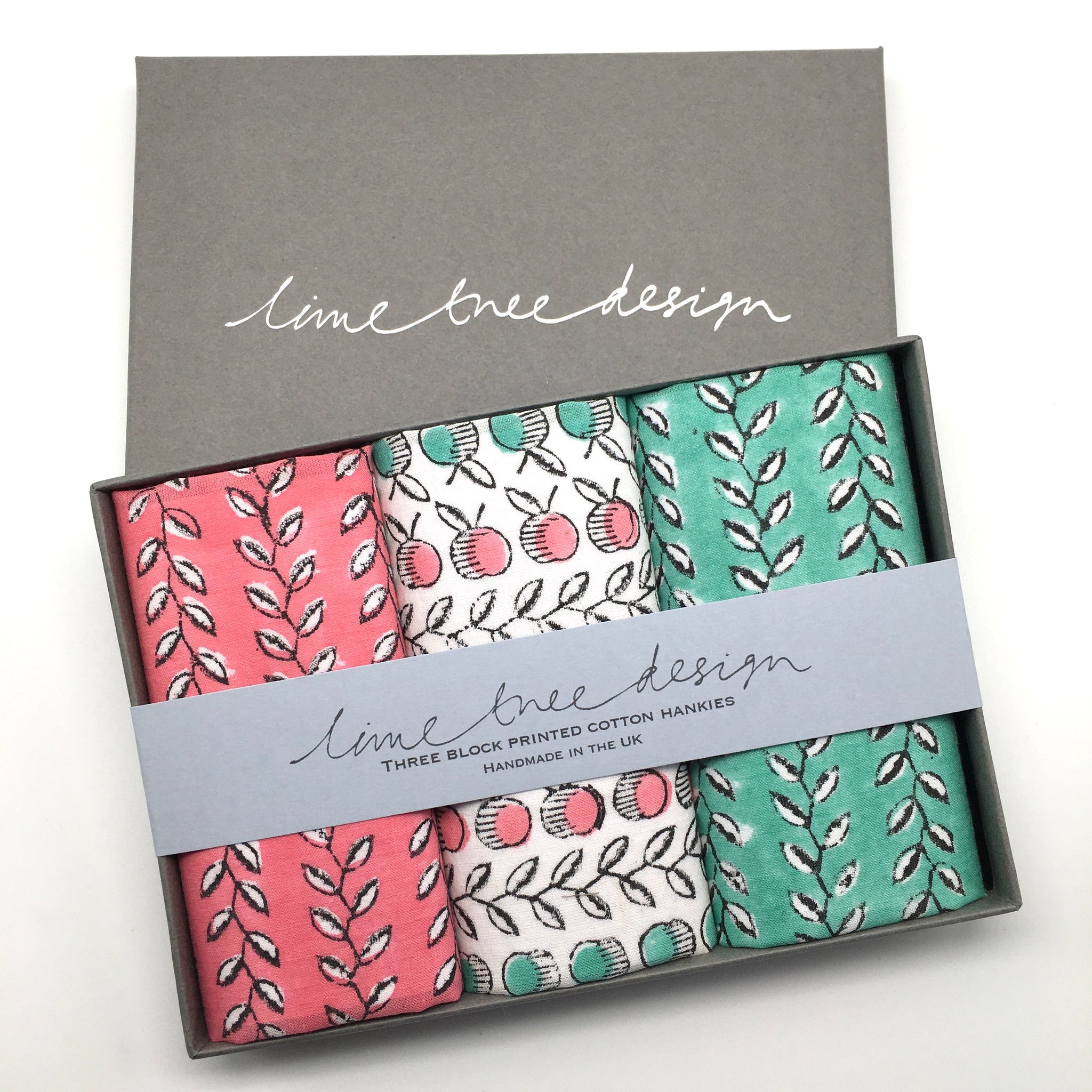 Pink and Green Apples - 3 Block Printed Hankies in a Gift Box