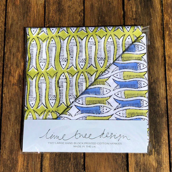 blue and olive fish hankie 