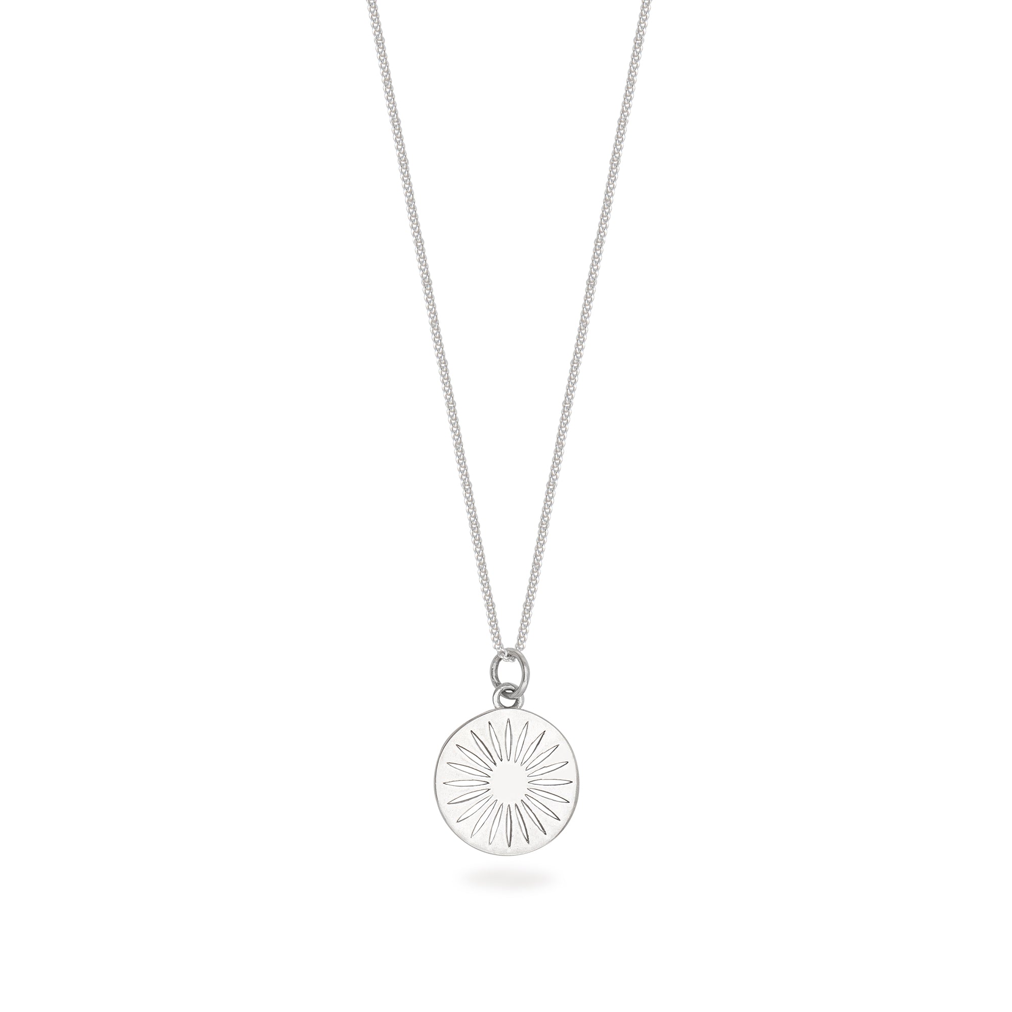 silver daisy necklace on white background 