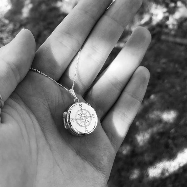 Personalised Round Compass Locket Necklace Sterling Silver