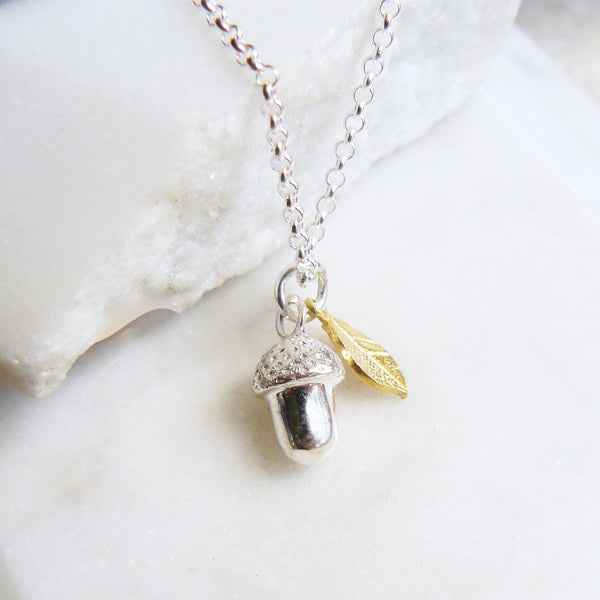 sterling silver acorn with gold vermeil leaf on a belcher chain