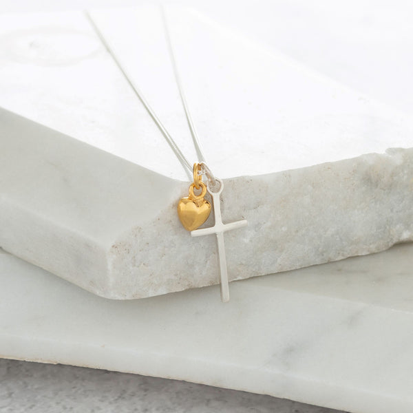Cross and Heart Necklace Sterling Silver and Gold Vermeil