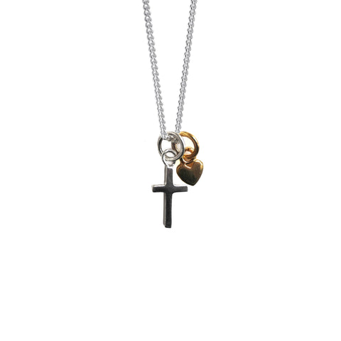 Mini Silver Cross and Gold Heart Charm Necklace