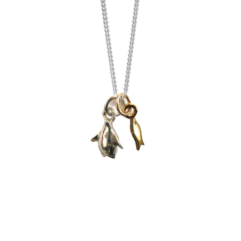 Tiny Silver Penguin and Mini Gold Fish Charm Necklace