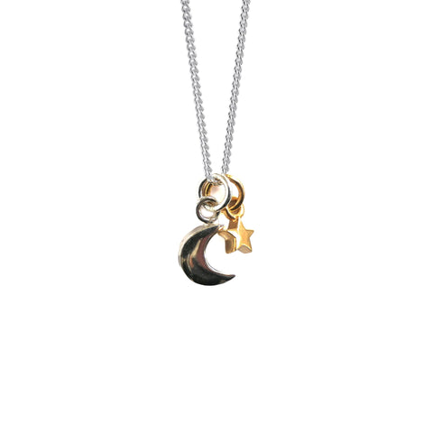 Ditsy Double Mini Silver Moon and Gold Star Charm Necklace