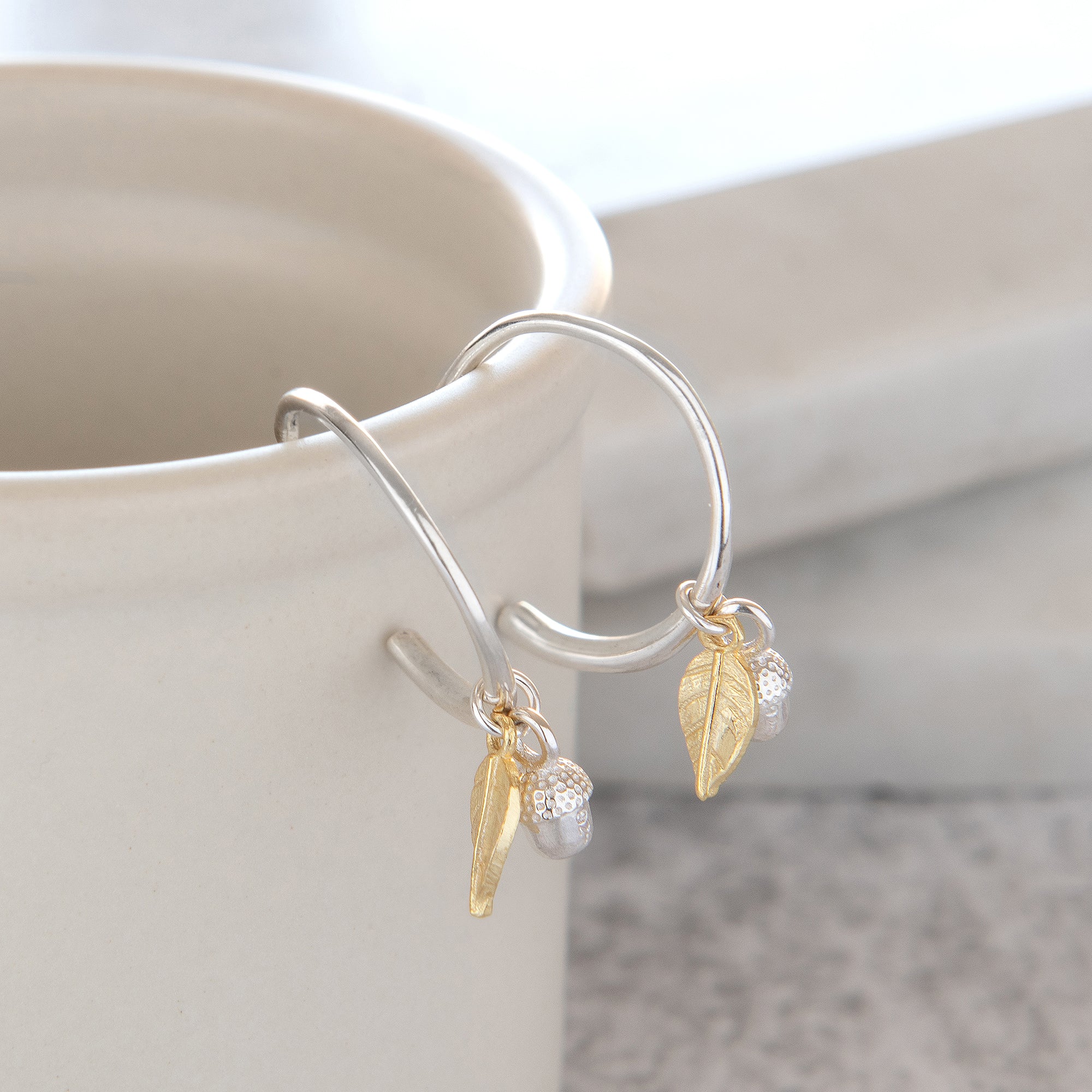 Half Hoop Earrings with Acorn and Leaf Sterling Silver