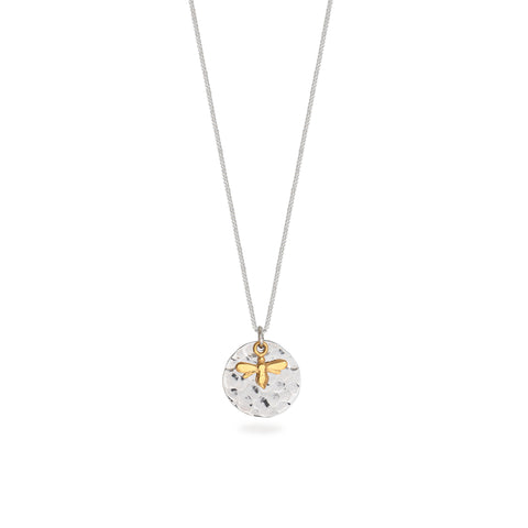 Hammered Disc with Bee Necklace Sterling Silver and Gold Vermeil