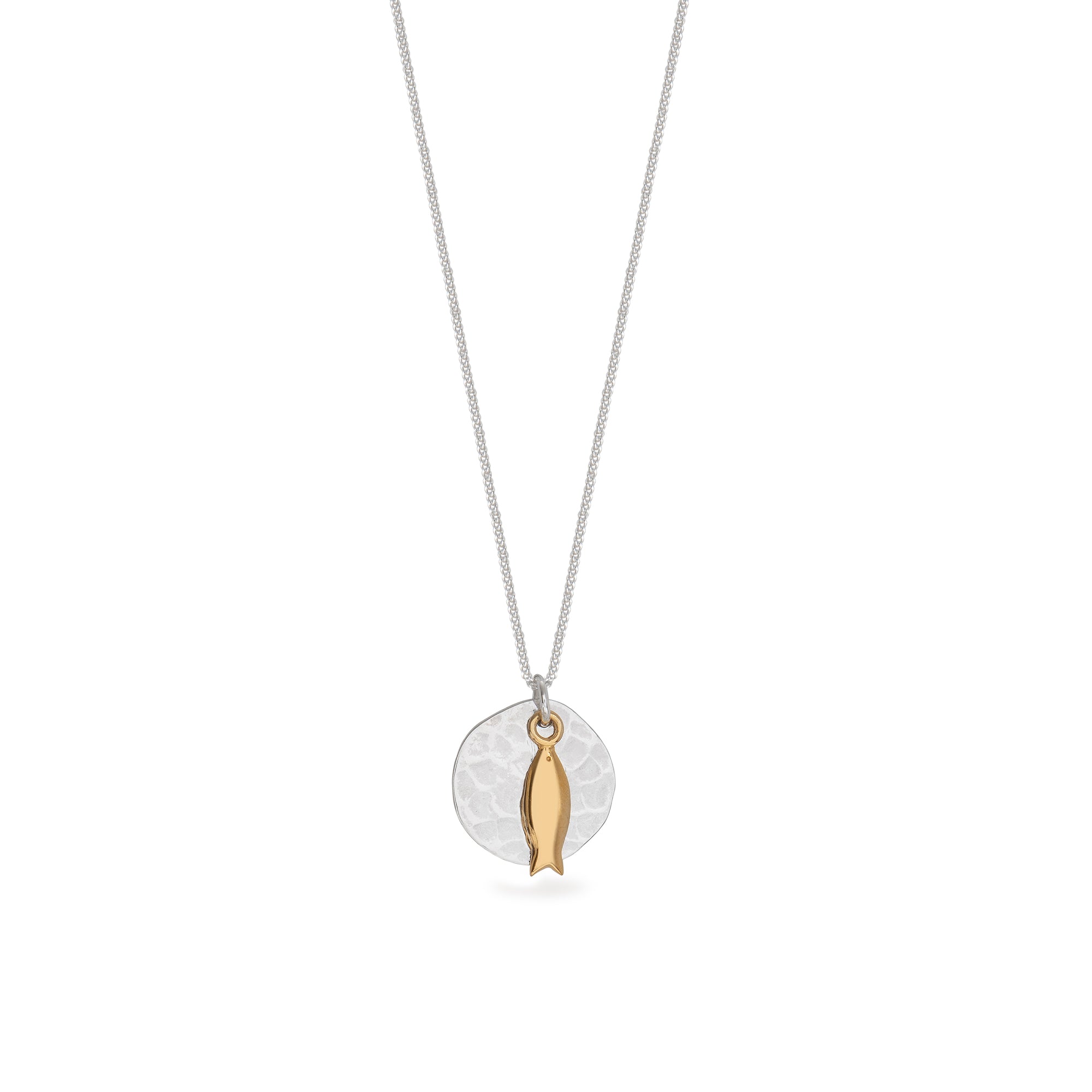 Hammered Disc with Fish Necklace Sterling Silver and Vermeil