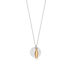 Hammered Disc with Fish Necklace Sterling Silver and Vermeil