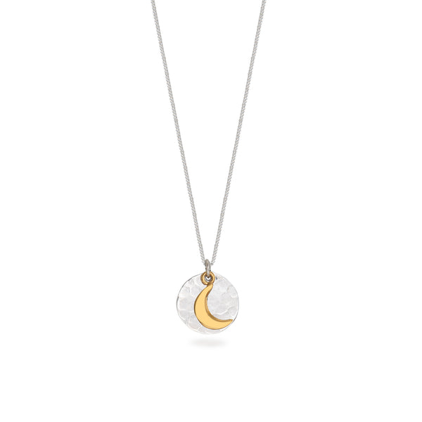 Hammered Disc with Moon Necklace Sterling Silver and Gold Vermeil