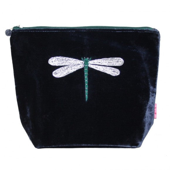 Large Velvet Cosmetic Purse with Dragonfly Appliqué: Navy and Green