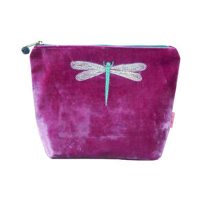 Large Velvet Cosmetic Purse with Dragonfly Appliqué: Magenta