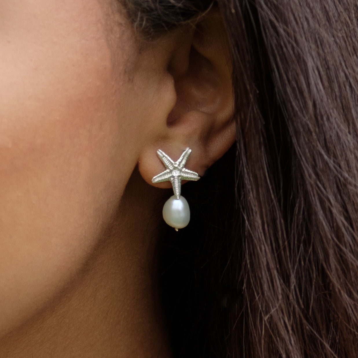 Starfish and Pearl Sterling Silver Drop Earring 