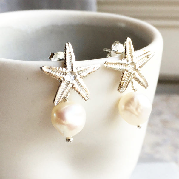 Starfish and Pearl Sterling Silver Drop Earring 