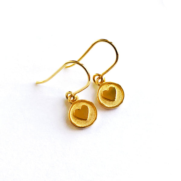 Mini Heart Medallion Hook Earrings Sterling Silver or Gold Vermeil