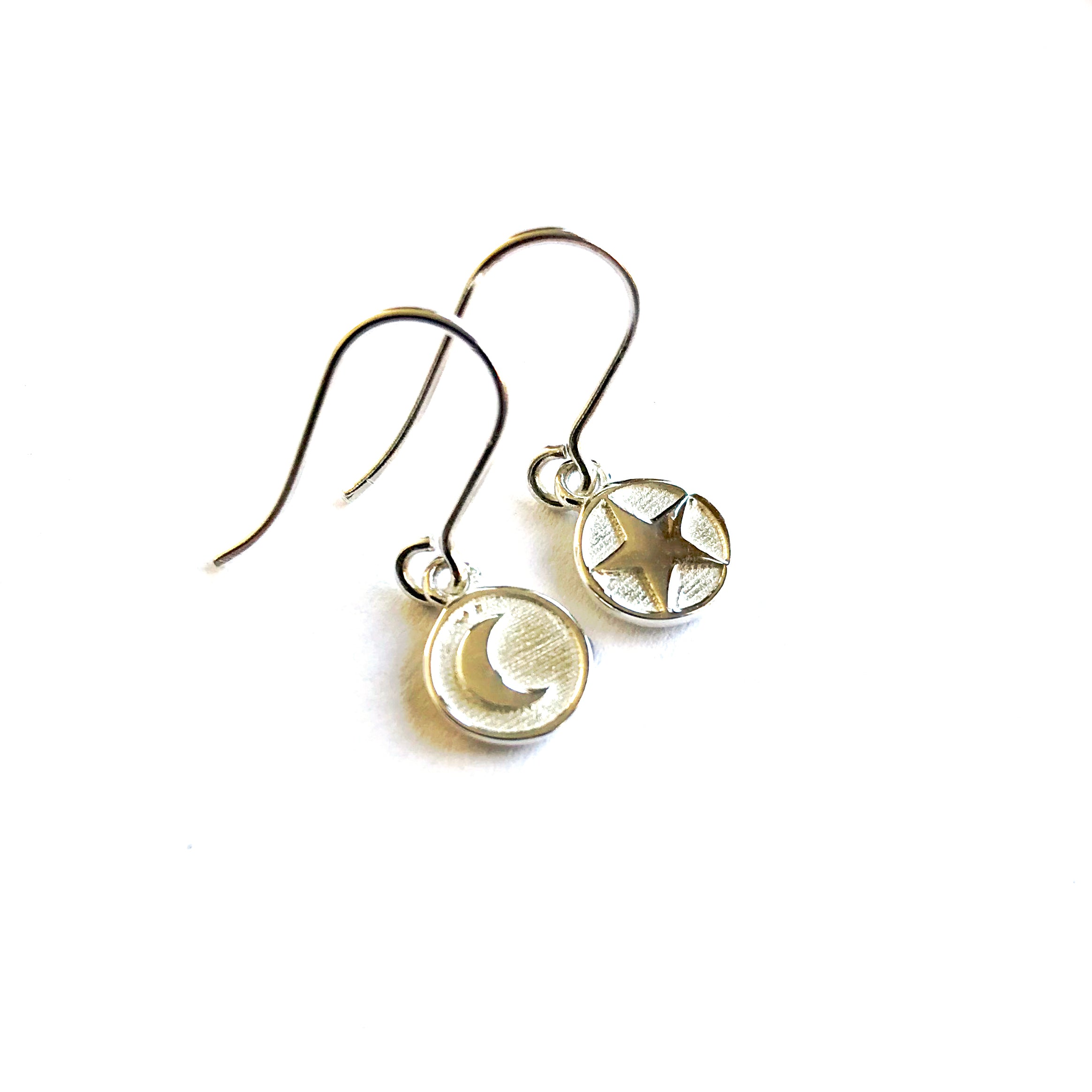 silver medallion moon and star hook earrings