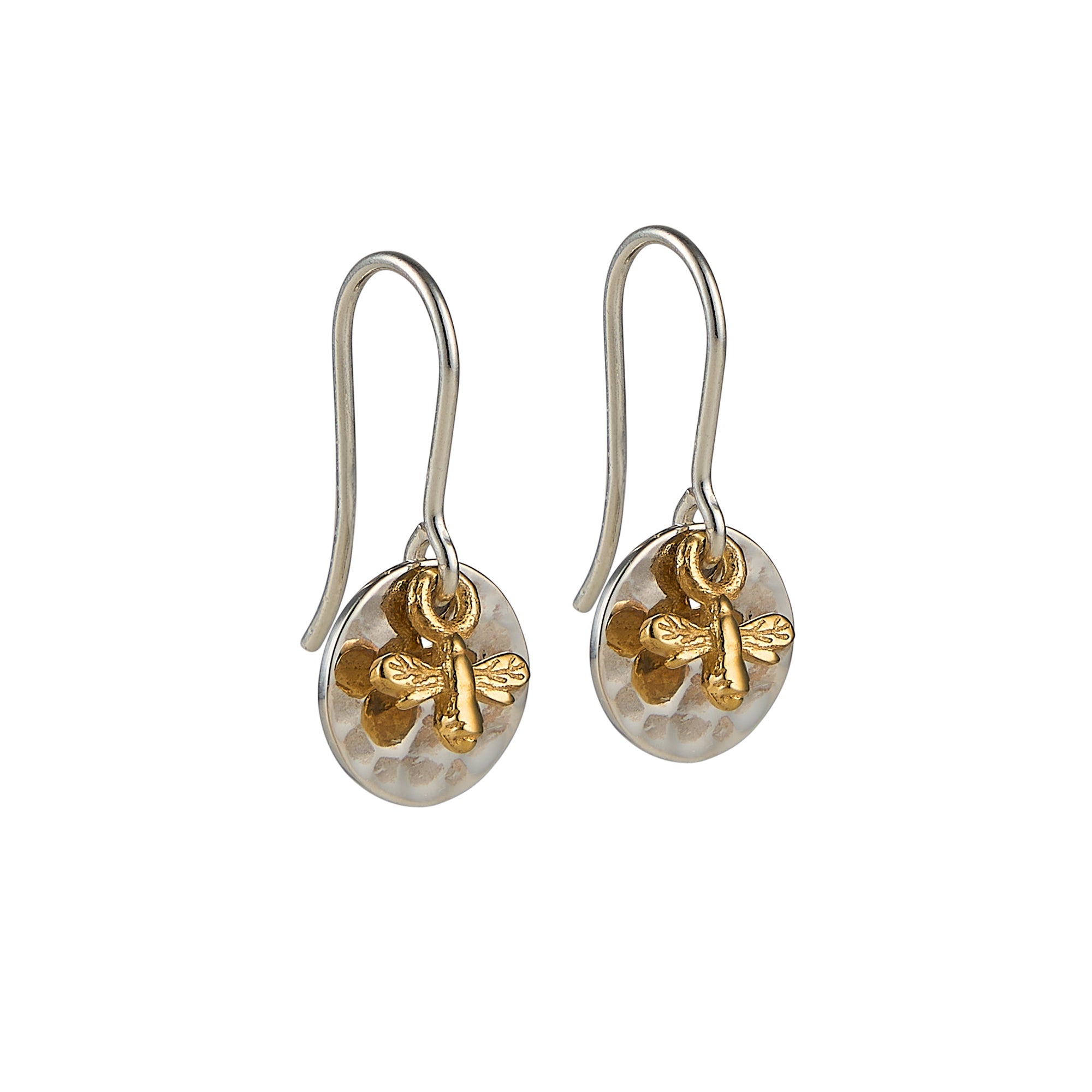 Hammered Mini Disc Hook Earrings with Mini Gold Vermeil Bees