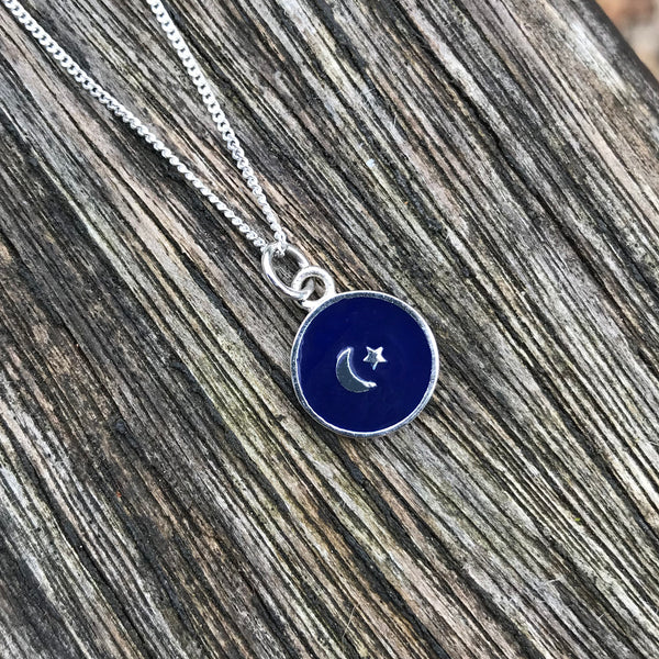 Indigo Moon and Star Enamel Necklace