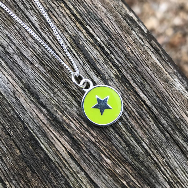 Lime Green Star Enamel Necklace Sterling Silver
