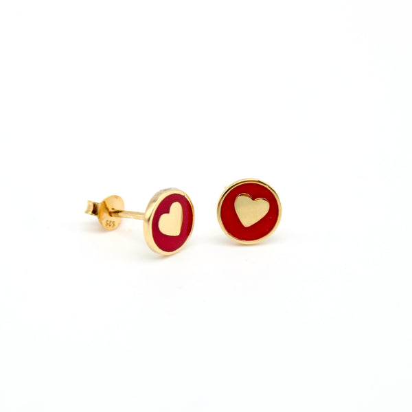 gold heart red earrings 