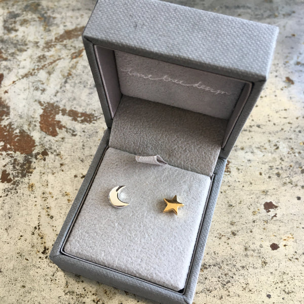 Moon and Star Stud Earrings Sterling Silver and Gold Vermeil