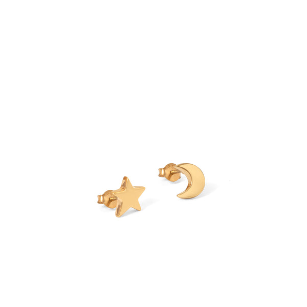 Moon and Star Stud Earrings Gold Vermeil