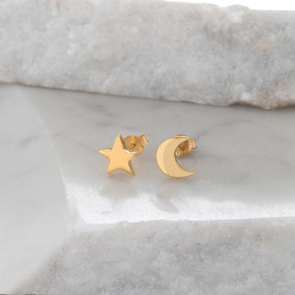 Moon and Star Stud Earrings Gold Vermeil