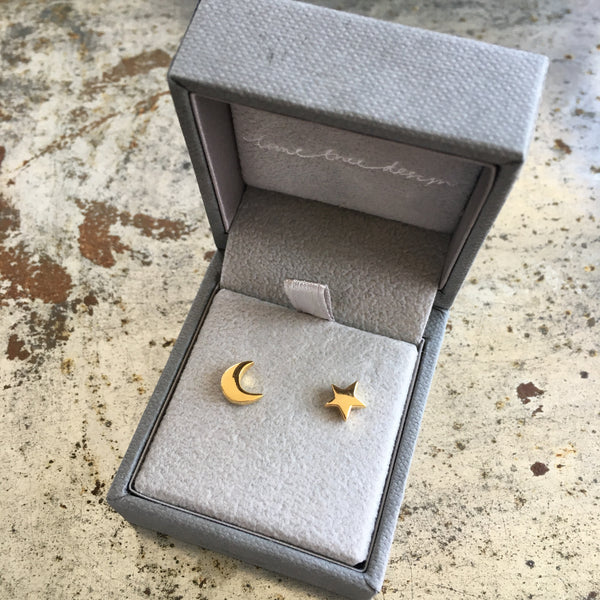 Moon and Star Stud Earrings Gold Vermeil