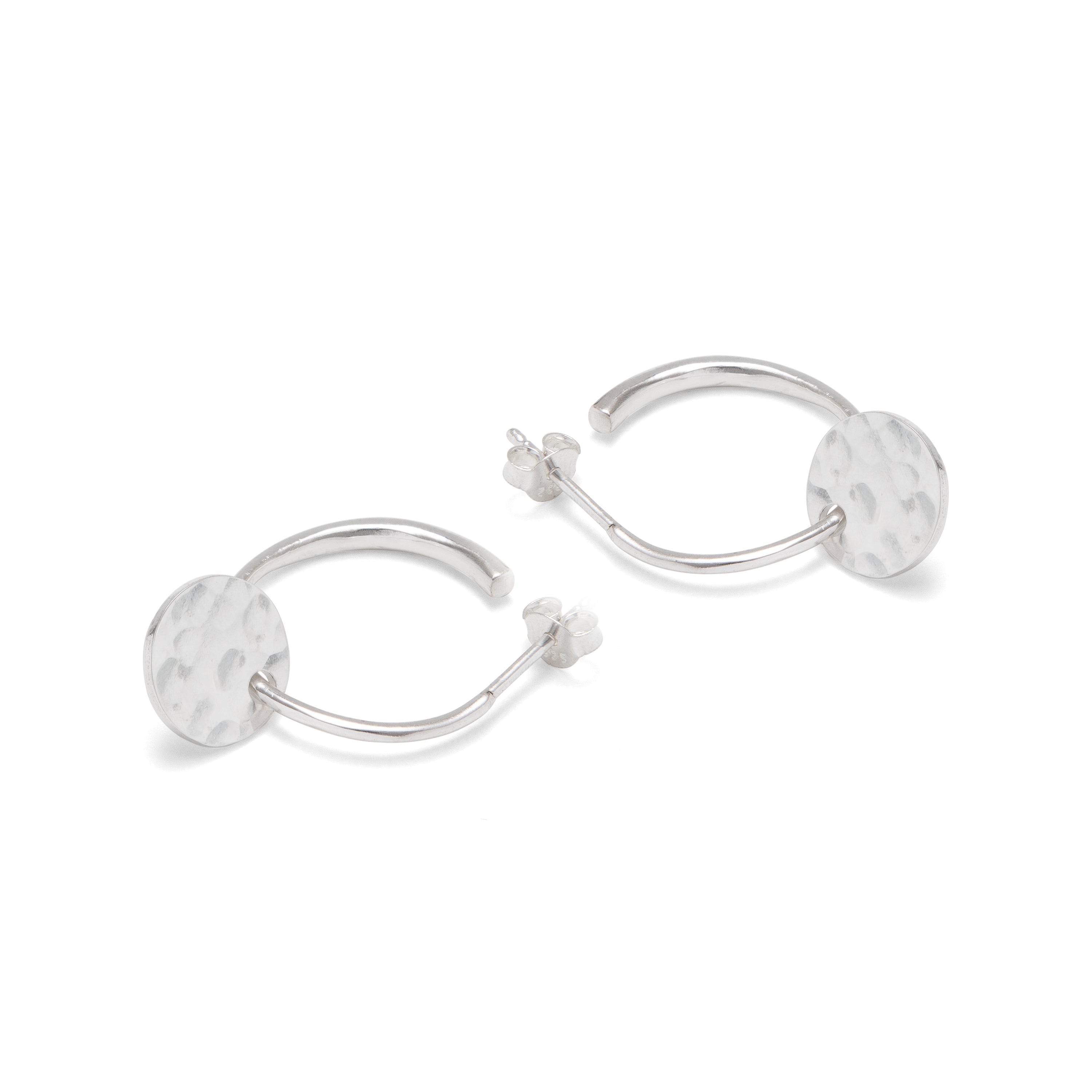 Half Hoop Earrings with Hammered Disc Sterling Silver or Gold Vermeil 