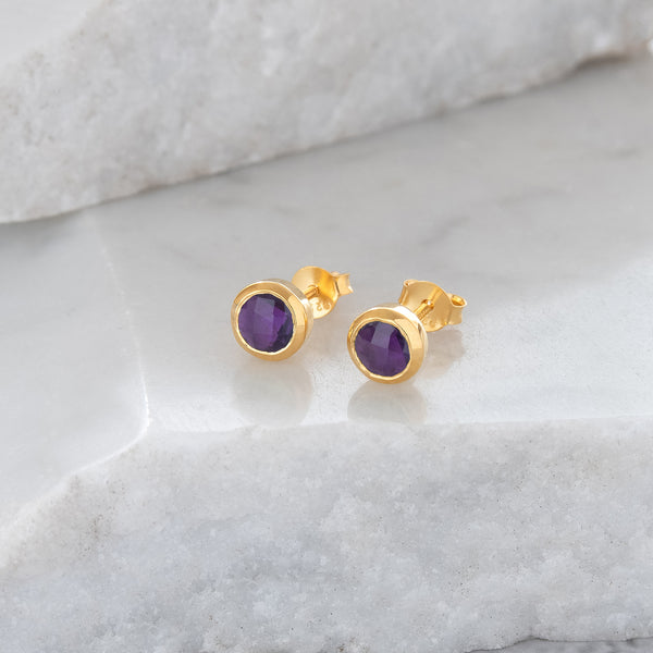 Birthstone Stud Earrings February: Amethyst and Gold Vermeil