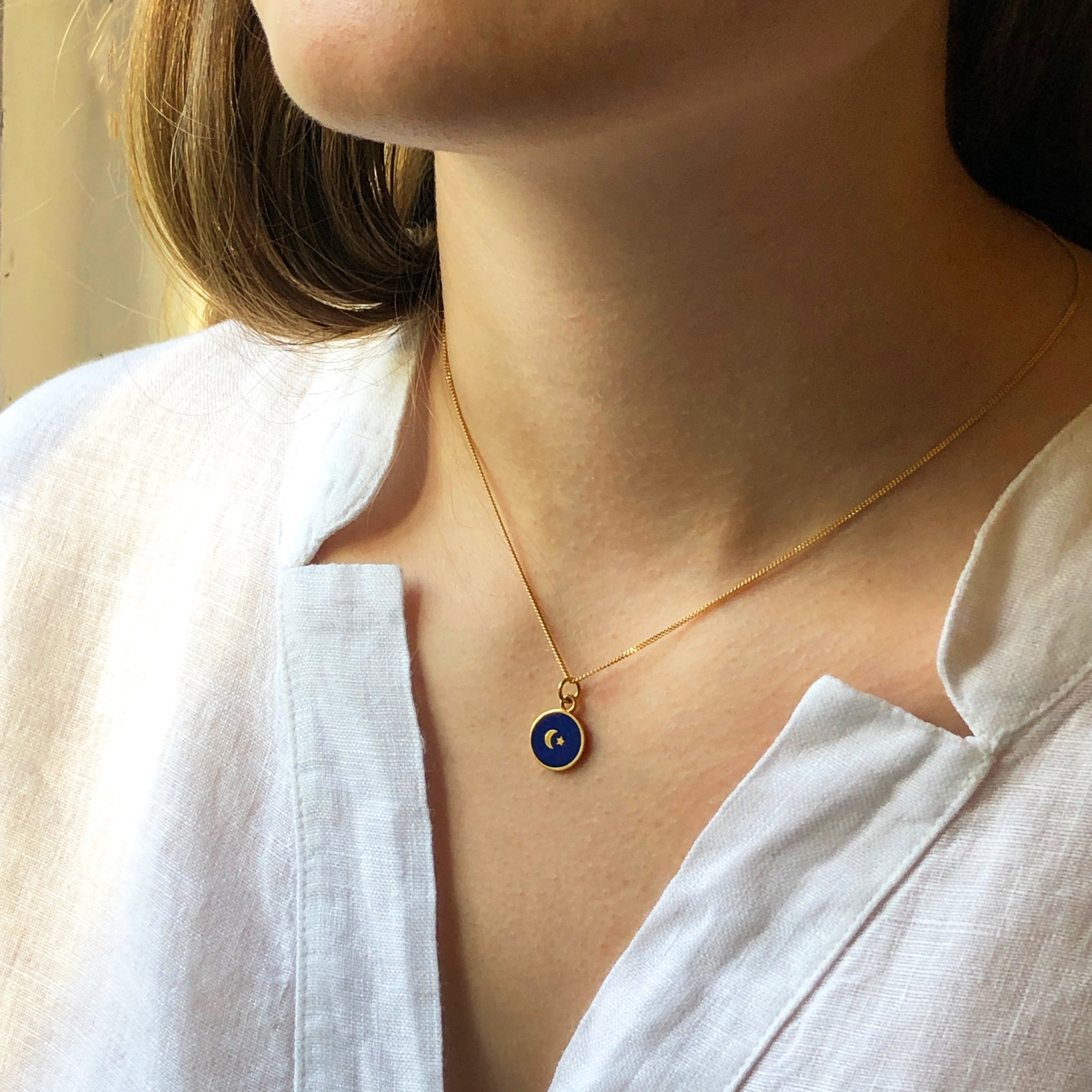 Indigo Blue Moon and Star Enamel Necklace – Lime Tree Design