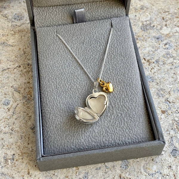 Silver Heart Locket with gold vermeil Heart Charm Necklace