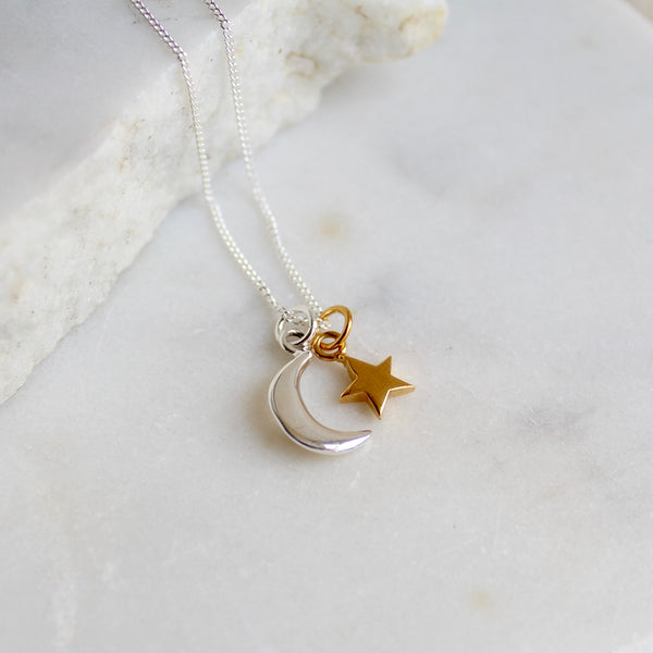 silver moon and gold vermeil star necklace 