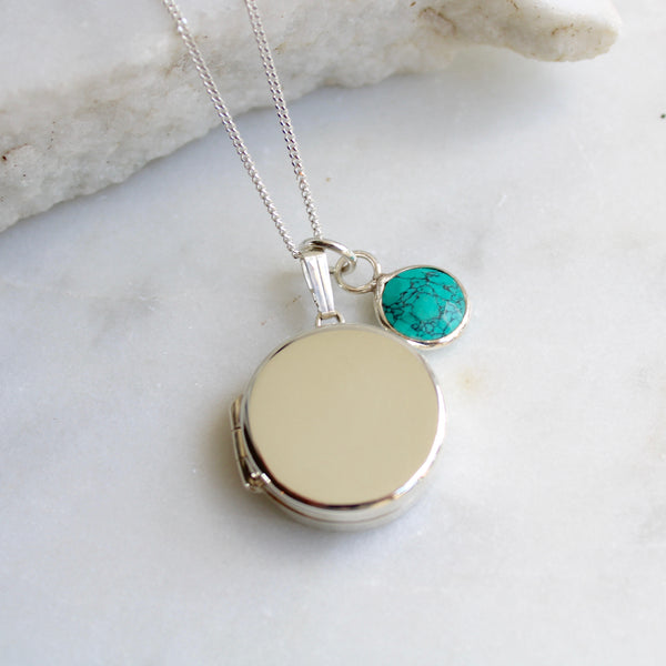 silver locket with turquoise birthstone 